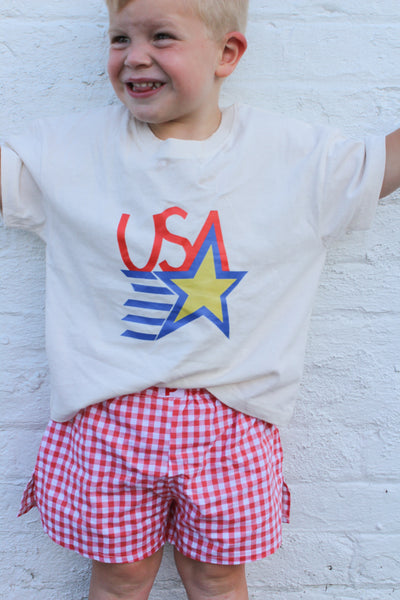 Child wearing a white t-shirt with 'USA' design and red checkered shorts against a white brick wall.