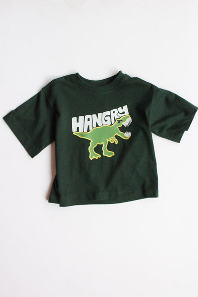 Green t-shirt with a dinosaur graphic and 'HANGRY' text on a white background