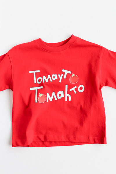 Red t-shirt with 'Tomay Tomah To' graphic on a white background