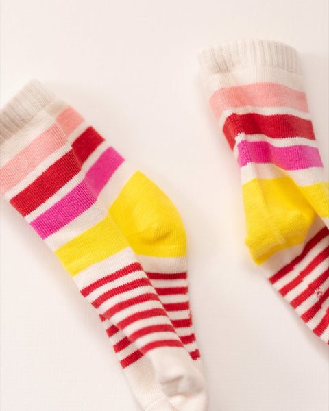 Colorful striped socks with yellow accents on a white background