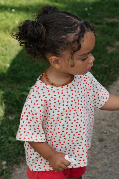 children's red strawberry shirt and red shorts 