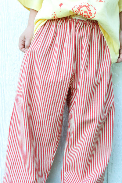 Kids red and cream striped corduroy pants with wide-leg fit