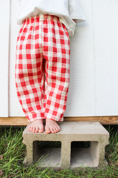 Baby, toddler, and kids red and white checkered cotton muslin pants