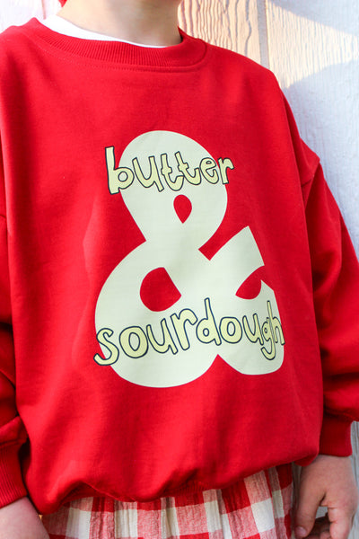 Kids and toddler red sweatshirt with butter and sourdough graphic 