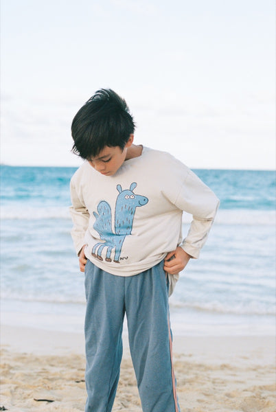Person wearing a white long sleeve t-shirt with a blue graphic and blue pants on a beach.