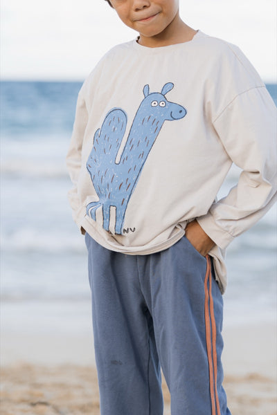Child wearing a beige long sleeve with a blue llama design on a beach