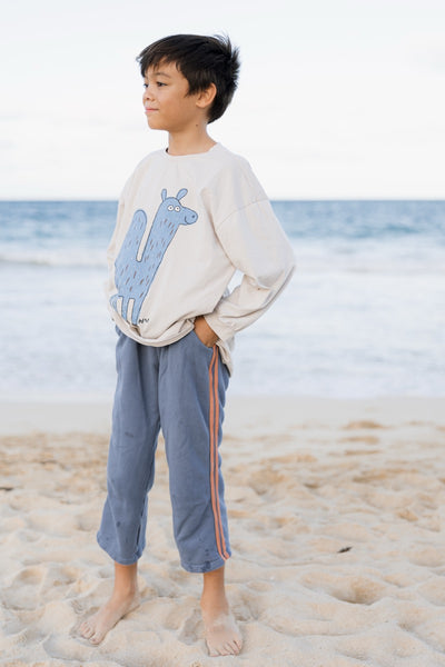 Child wearing a long sleeve with a llama design on a beach