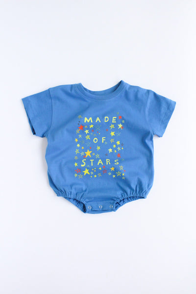 Blue baby romper with 'Made of Stars' text on a white background
