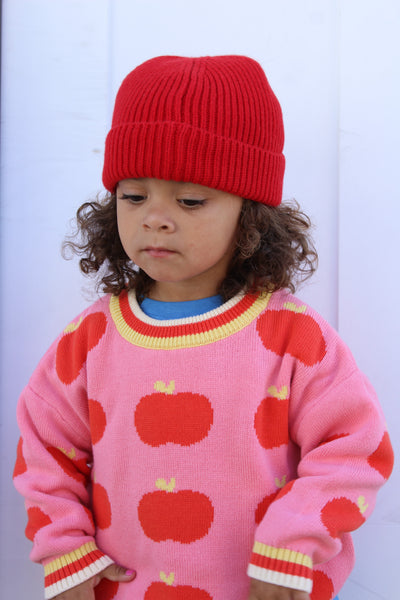 A young child wearing a bright red ribbed knit beanie and a pink knit sweater with red apple motifs and yellow trim, standing against a pale blue background.