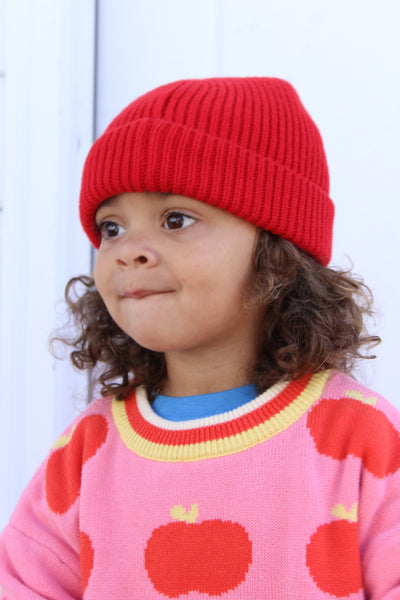 A young child wearing a bright red ribbed knit beanie hat and a pink sweater with red apple patterns and yellow trim, photographed against a light background.