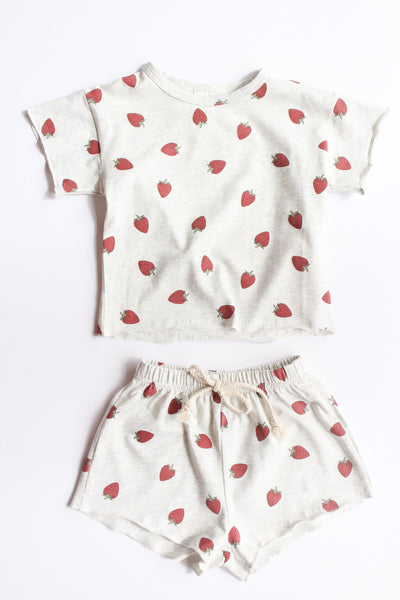 light heather grey strawberry short set with a elasticized waistband and faux drawstring