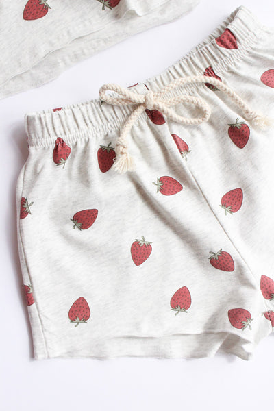 Close up of light heather grey strawberry shorts with a elasticized waistband and faux drawstring