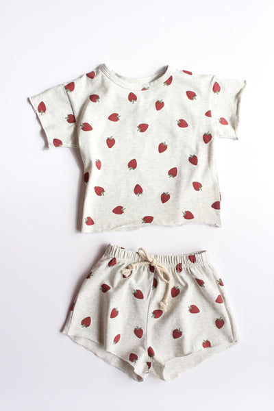  light heather grey strawberry short set with a elasticized waistband and faux drawstring on white background 