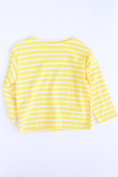 A yellow and white horizontally striped long-sleeve top laid flat against a plain white background.
