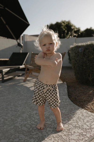 Olive + White I Checkerboard Swim Shorts