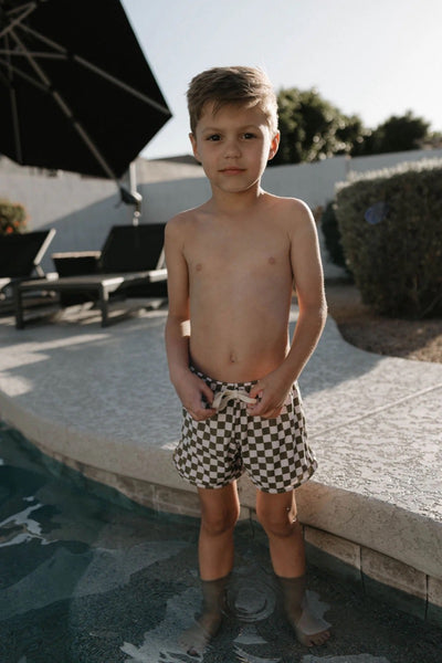 Olive + White I Checkerboard Swim Shorts