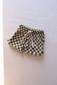 Olive + White I Checkerboard Swim Shorts