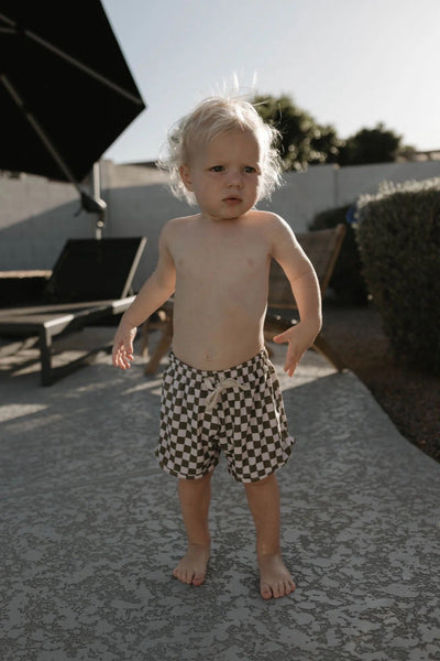 Olive + White I Checkerboard Swim Shorts