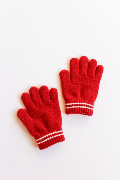 Pair of red gloves with white stripes on a white background