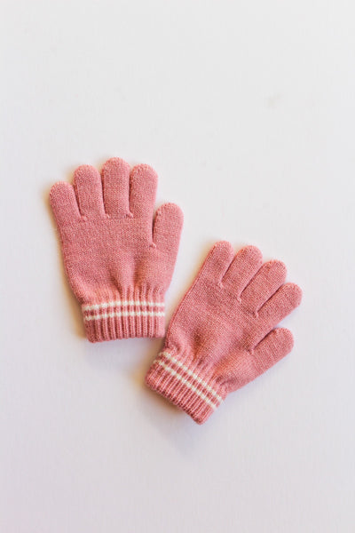 Pair of pink gloves with striped cuffs on a light gray background