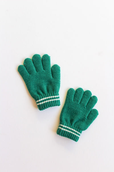 Pair of green gloves with white stripes on a white background