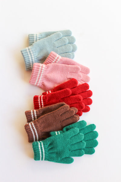 Set of colorful gloves arranged in a row on a white background