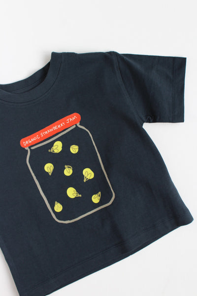Navy blue  t-shirt with a jar of fireflies graphic on a white background