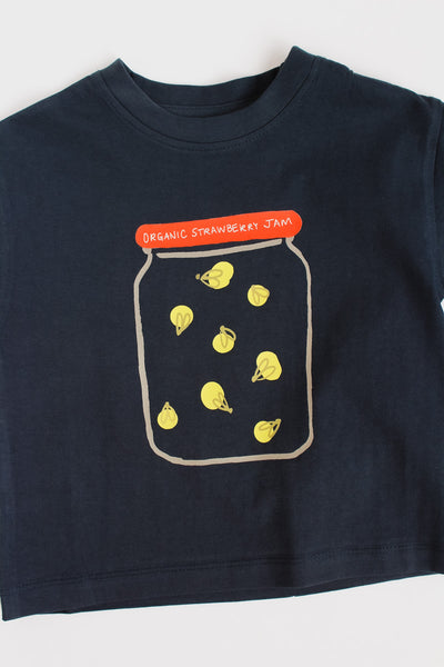 Navy blue t-shirt with a jar of yellow fireflies design on a white background
