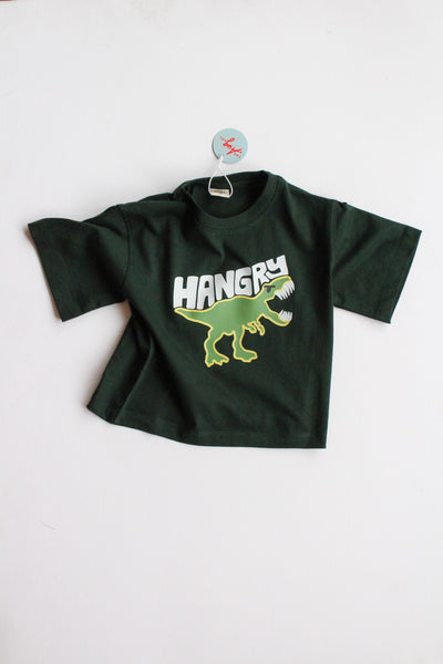 Dark green t-shirt with a dinosaur graphic and 'HANGRY' text on a white background