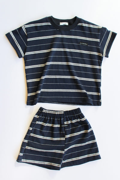 navy and white striped matching children's shorts and shirt set 