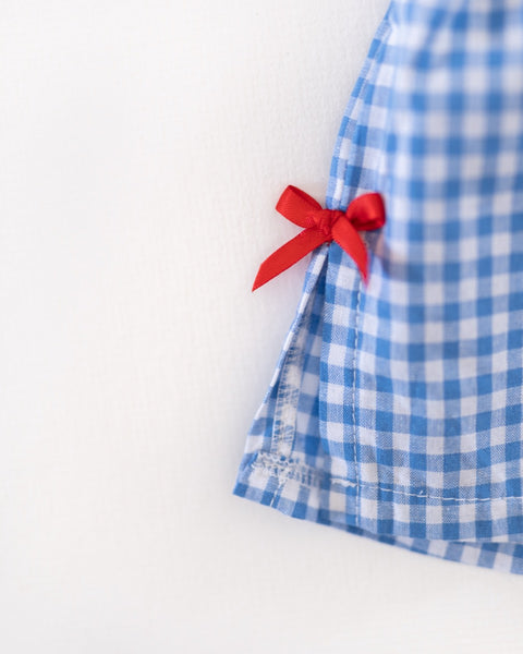 Blue and white blue checkered gingham  shorts with a red bow.